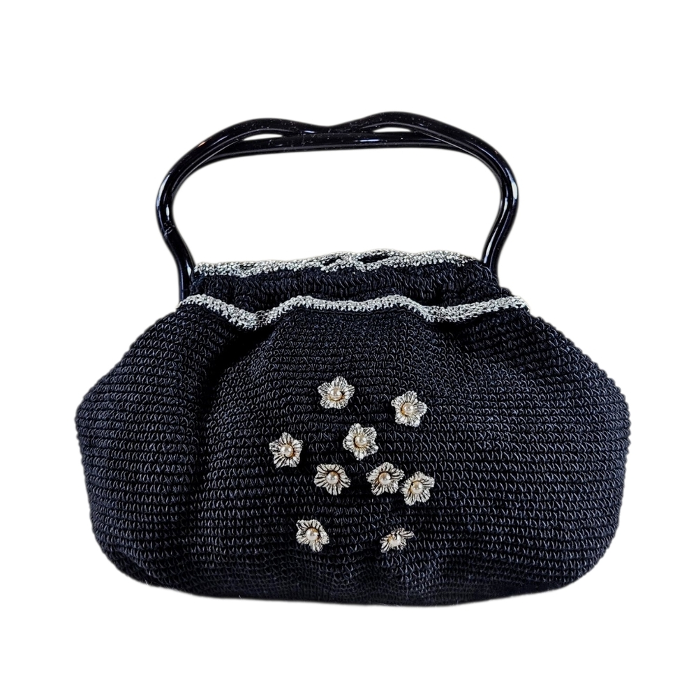 Vintage Lee Wards Hand Crocheted Clam Shell Satchel Hand Bag Metallic 40s